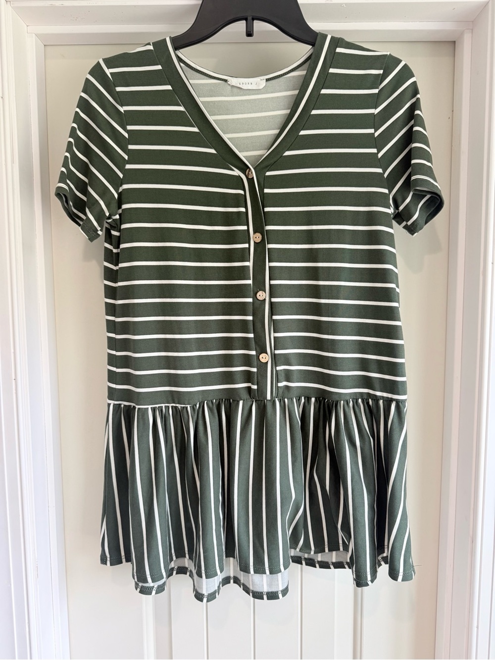 Reborn Olive Green and White Striped Peplum Button-Front Top